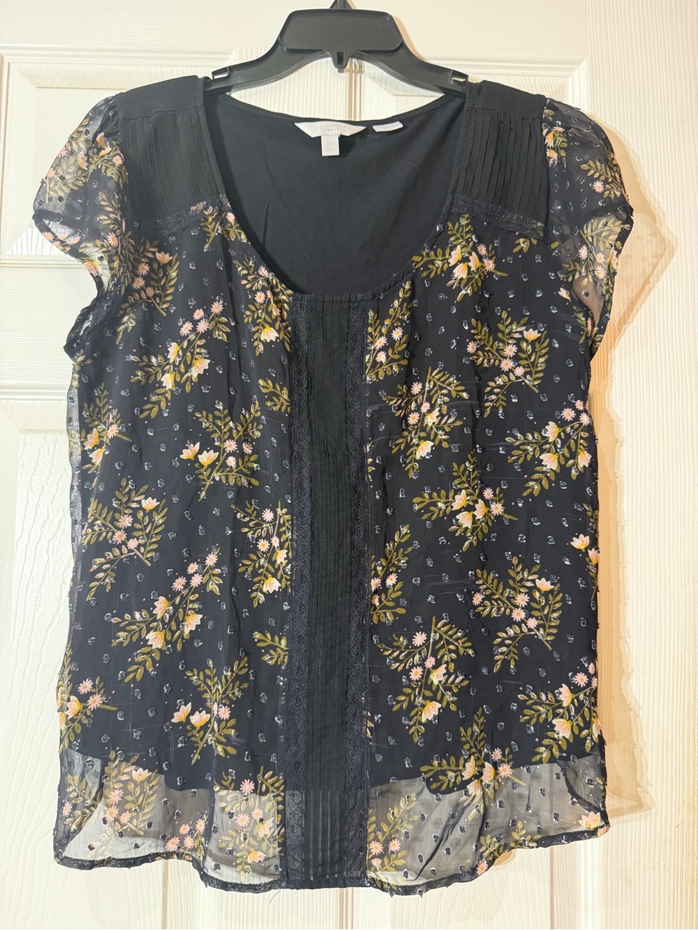 LC Lauren Conrad Black Floral Lace-Trim Blouse